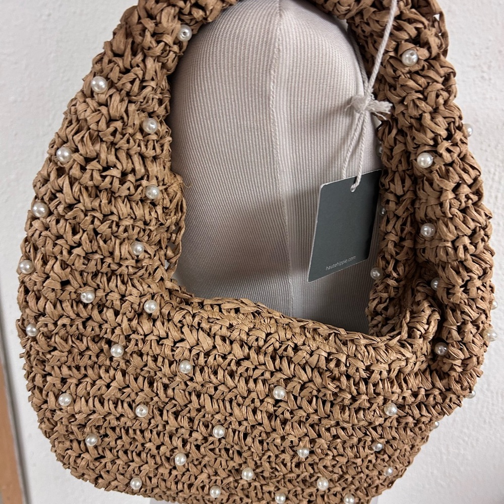 NWT Haute Hippie Straw Pearl-Embellished Woven Shoulder Hobo Bag in Natural Tan